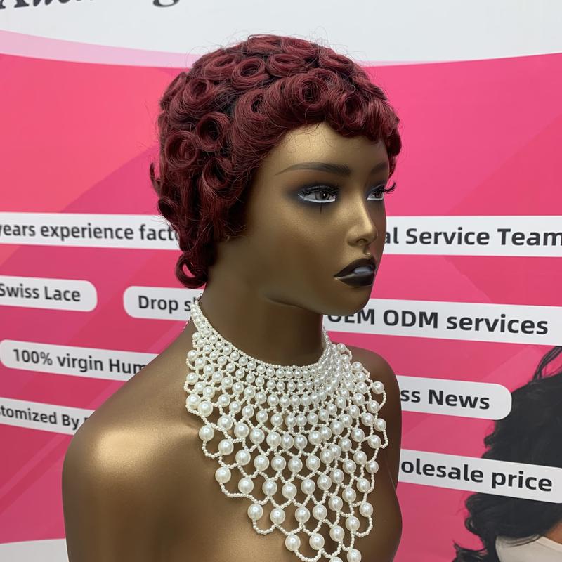 ShowReal 025 Short Pixie Cut Egg Wavy Curly Bomb Black Colorful Mommy Wig Pin Curls Brizalian Virgin Human Hair Cute Style Wigs For Black Woman Daily Party Use