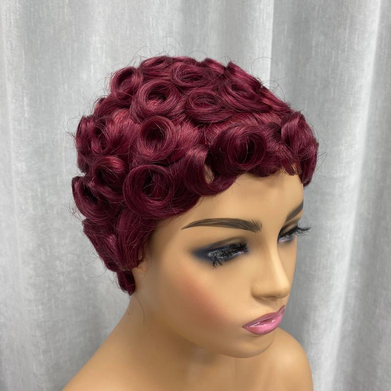 ShowReal 025 Short Pixie Cut Egg Wavy Curly Bomb Black Colorful Mommy Wig Pin Curls Brizalian Virgin Human Hair Cute Style Wigs For Black Woman Daily Party Use
