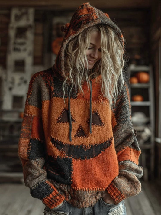 Halloween Pumpkin Face Patchwork Cozy Hooded Top