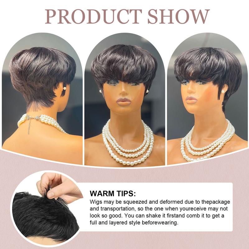 NewBestSales Wig Bowl Cut Hairstyle Bowl Cut Wigs Fringe Pixie Cut Wig Mushroom Pixie Cut Wig for Women Short Wavy Wigs Brazilian Virgin Human Hair Short Fluffy Pixie Wigs Pixie Cut Layered Wig Natural Black 180% Density