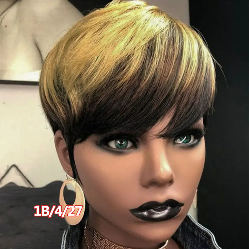 Short Pixie Cut Wig Virgin Human Hair Black & Highlight Colorful Wig with Bangs Full Machine Ready To Go Glueless Wig for Black Women