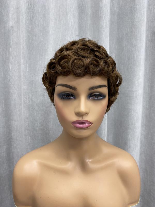ShowReal 025 Short Pixie Cut Egg Wavy Curly Bomb Black Colorful Mommy Wig Pin Curls Brizalian Virgin Human Hair Cute Style Wigs For Black Woman Daily Party Use