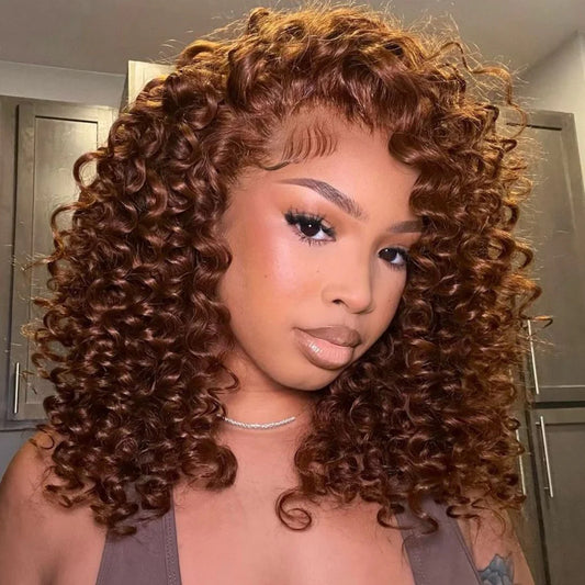 Chocolate Reddish Brown Ready To Wear Glueless Wigs Bouncy Curl 13x4 Lace Front Human Hair Wig Pre Plucked 250% Density