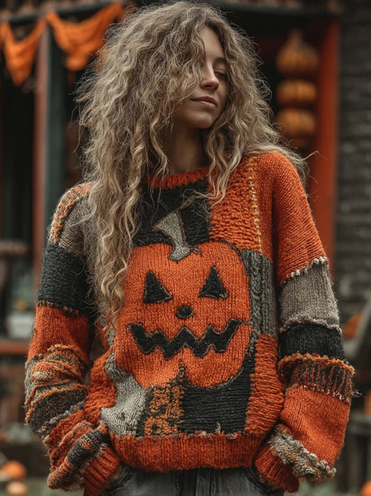 Vintage Halloween Pumpkin Face Patchwork Crew Neck Cozy Top