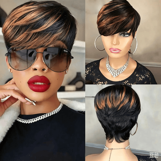 Short Pixie Cut Wig Virgin Human Hair Black & Highlight Colorful Wig with Bangs Full Machine Ready To Go Glueless Wig for Black Women