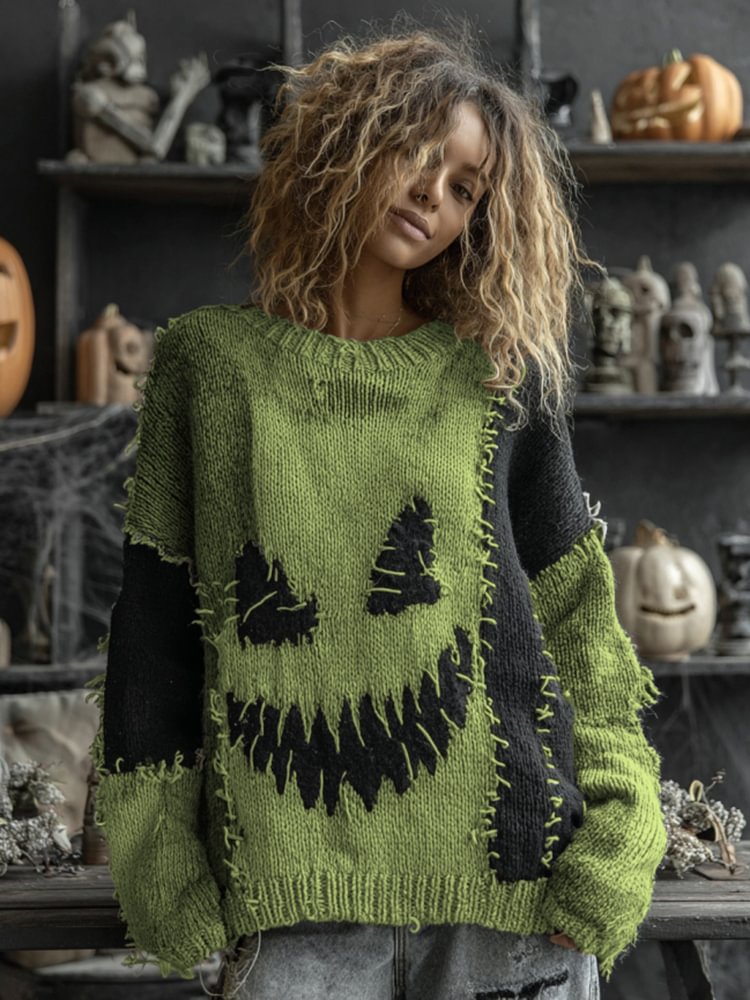 Halloween Spooky Face Contrast Stitched Cozy Knit Sweater
