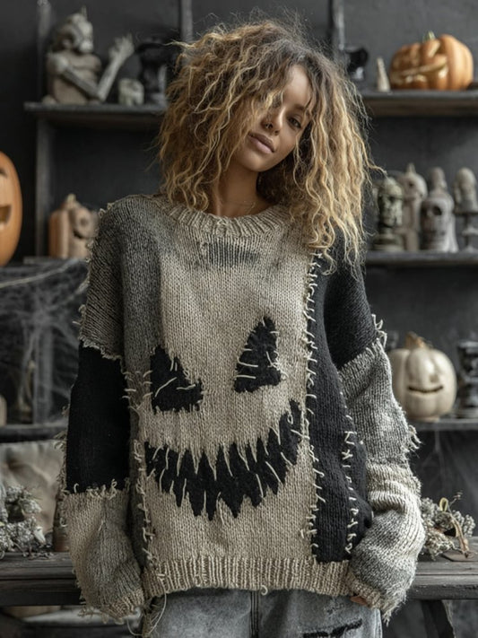 Halloween Spooky Face Contrast Stitched Cozy Knit Sweater