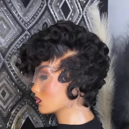 Full Lace Honey Blonde Highlighted/Black Pin Curly Finger Wave Short Glueless Wig
