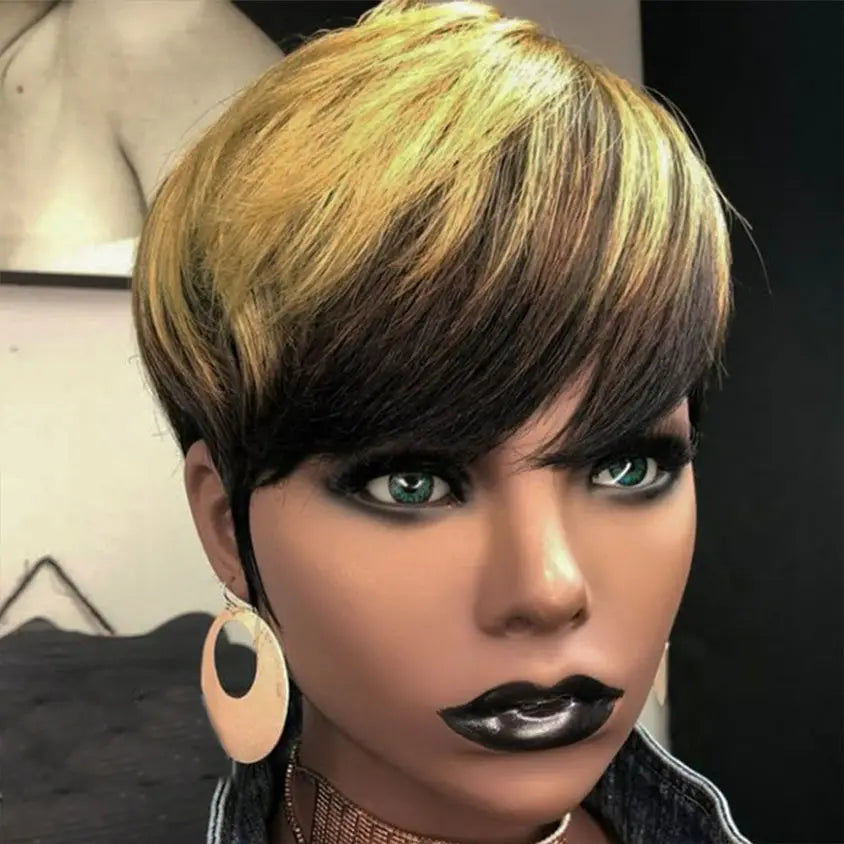 Short Pixie Cut Wig Virgin Human Hair Black & Highlight Colorful Wig with Bangs Full Machine Ready To Go Glueless Wig for Black Women