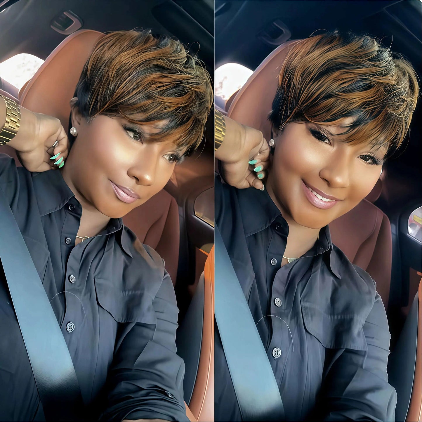 Short Pixie Cut Wig Virgin Human Hair Black & Highlight Colorful Wig with Bangs Full Machine Ready To Go Glueless Wig for Black Women