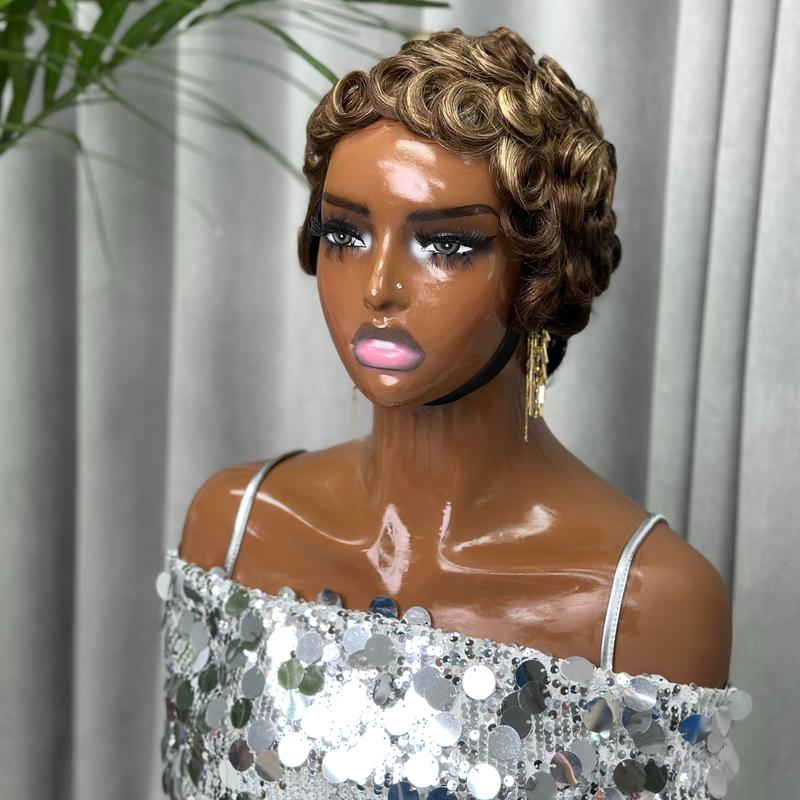 ShowReal 025 Short Pixie Cut Egg Wavy Curly Bomb Black Colorful Mommy Wig Pin Curls Brizalian Virgin Human Hair Cute Style Wigs For Black Woman Daily Party Use