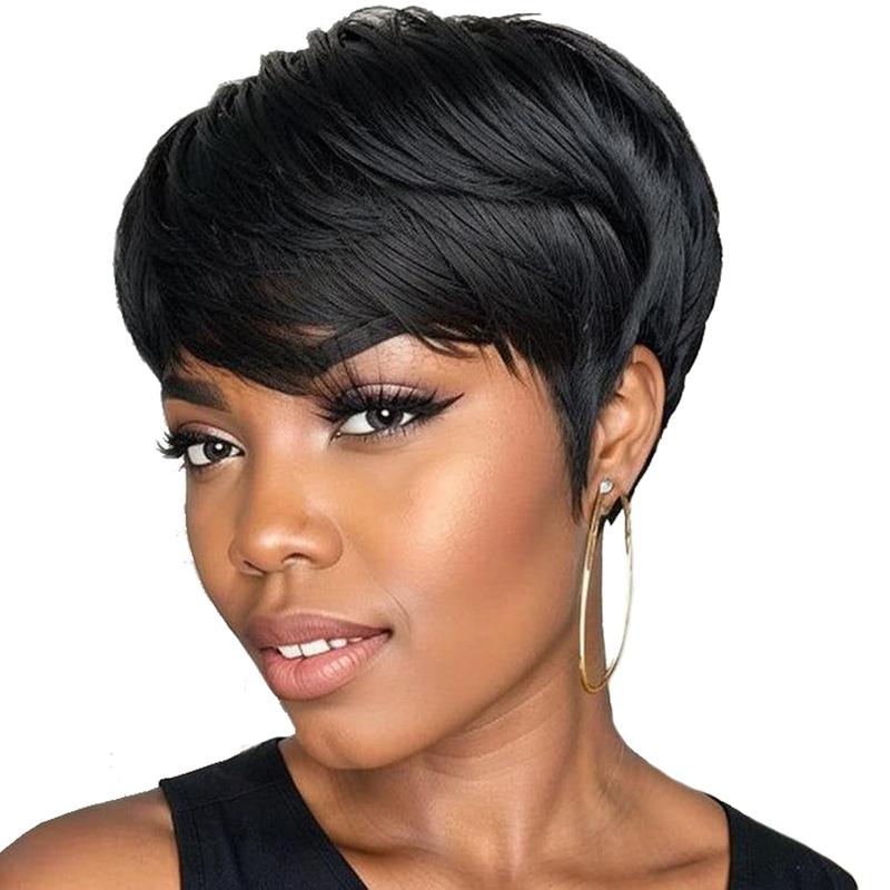 Ultra Comfort Throw On & Go Short Pixie Cut with Bangs 5 Inches Skin Friendly Cotton Cap 100% Real Human Hair Glueless Wig Glueless Wig Hair Loss Friendly Full Machine Made 22.5 Wig Cap  Brazilian Virgin Human Hair To Go Glueless Wig