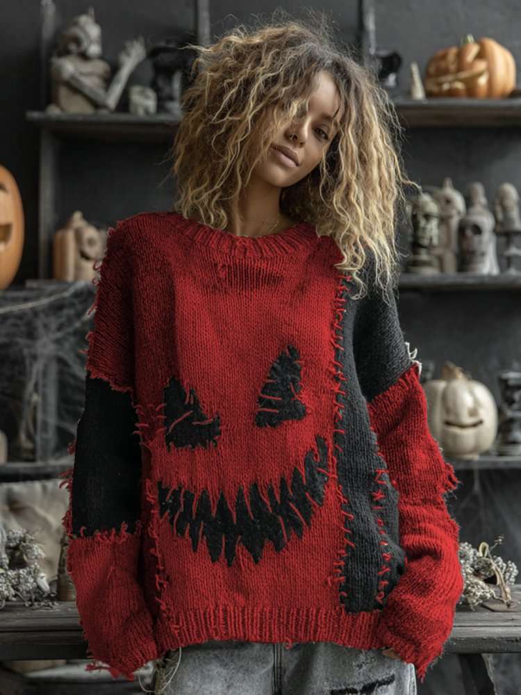 Halloween Spooky Face Contrast Stitched Cozy Knit Sweater