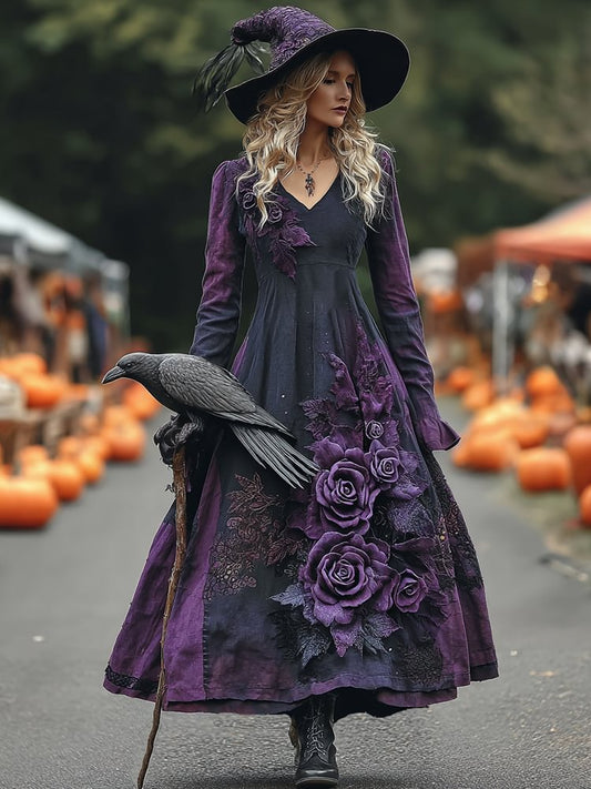 Women's Vintage Halloween Purple Rose Art Comfy Linen Maxi Dress