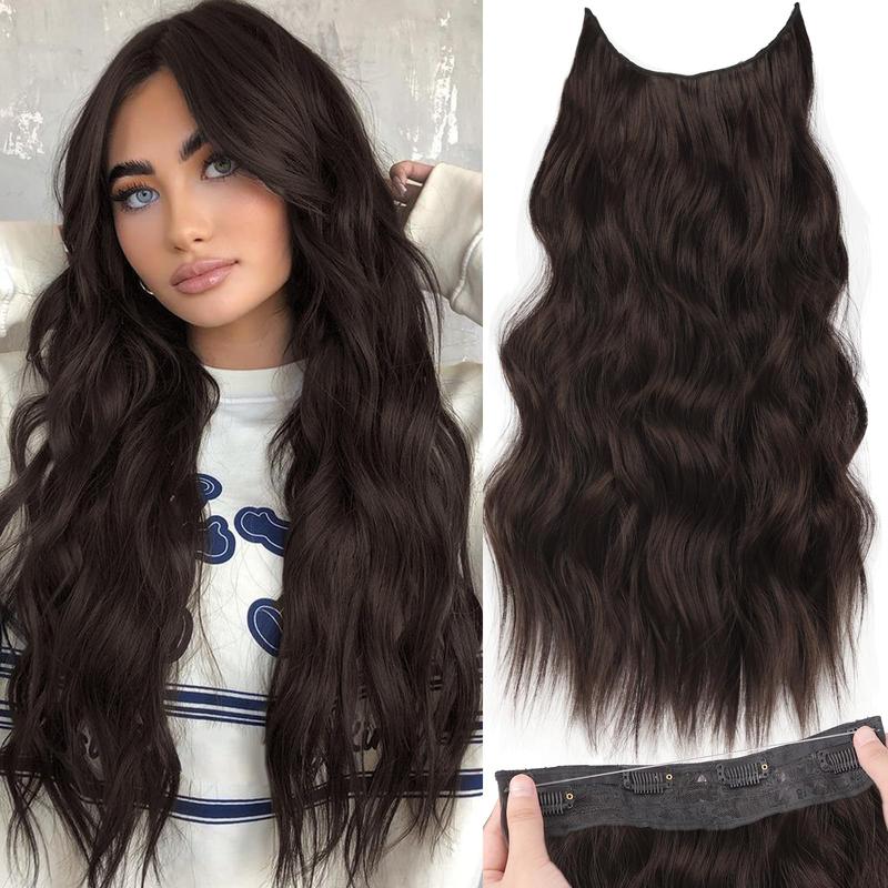 BlackFriday Invisible Wire Synthetic Hair Extensions 16/20/24 Inch Clip-On Long Wavy Hairpiece for Women Black Secure 4 Clips Back to School Fashion