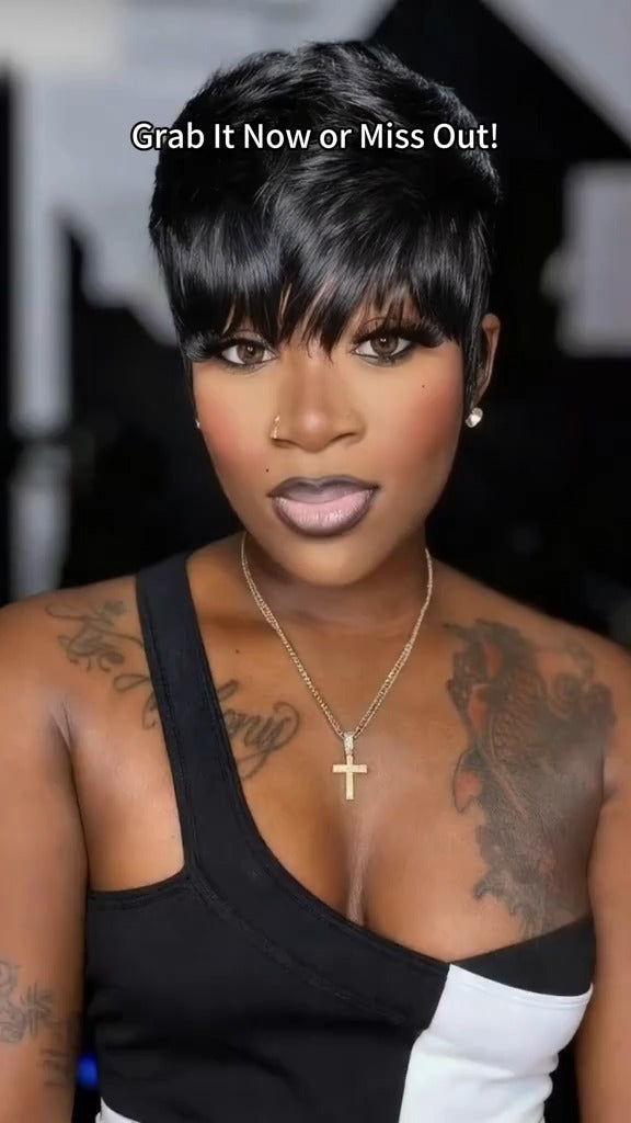 Short Pixie Cut Wig Brazilian Virgin Human Hair Black And Highlight Colorful Wig With Bangs Full Machine Ready To Go Glueless Wig dealsforyourdays