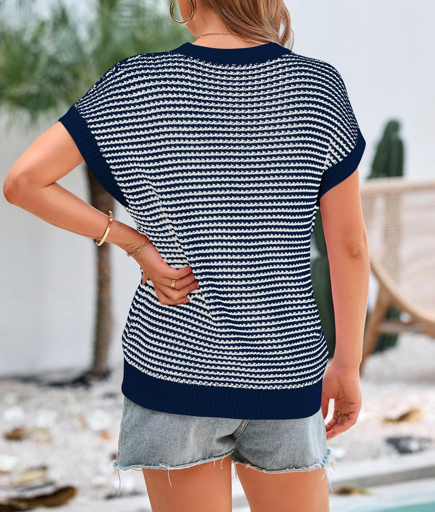 PRETTYGARDEN Womens Short Sleeve Sweater Spring Summer 2025 Round Neck Striped Pullover Cap Sleeve Knit Sweater Vest Tops