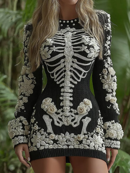 Women's Hot Sexy Style Halloween Skeleton Bones With White Rose Art Cozy Knit Mini Sweater Dress