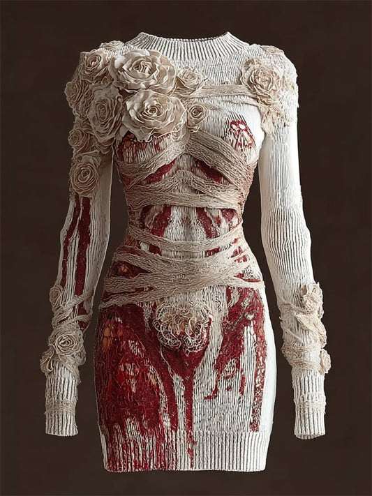 Halloween Bloody Roses Bandages Cozy Knit Sweater Dress