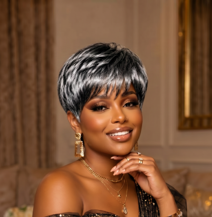 Short Pixie Cut Wig Brazilian Virgin Human Hair Black And Highlight Colorful Wig With Bangs Full Machine Ready To Go Glueless Wig dealsforyourdays
