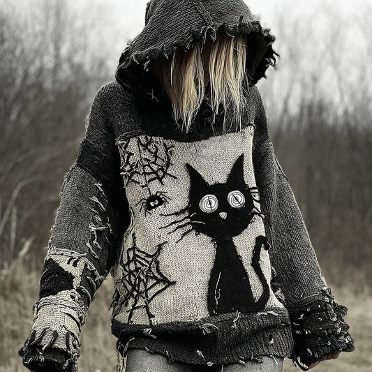 Halloween Scared Black Cat Patchwork Stitched Cozy Knit Hooded