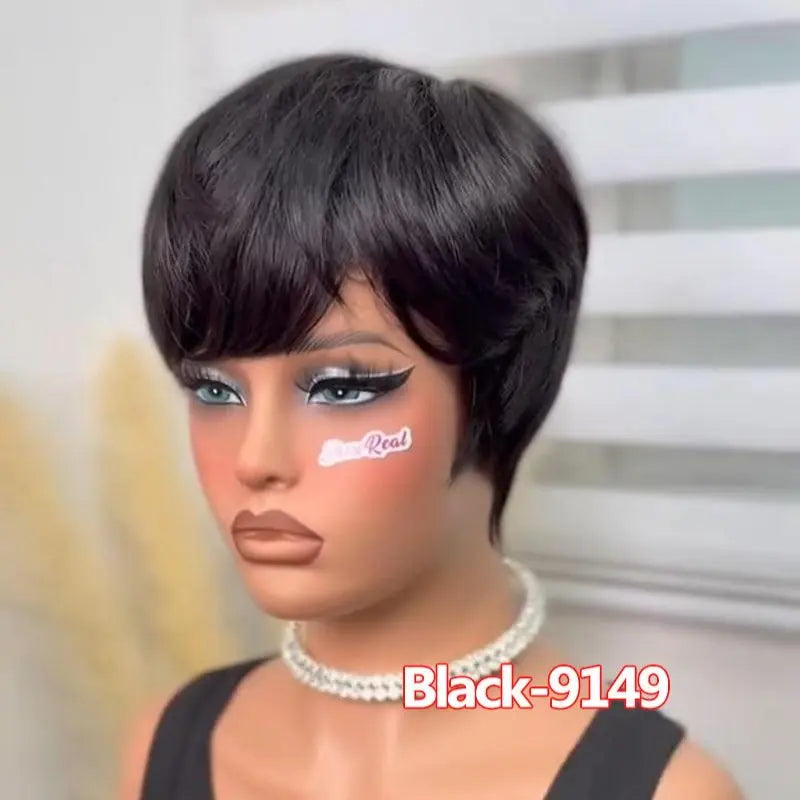 Short Pixie Cut Wig Virgin Human Hair Black & Highlight Colorful Wig with Bangs Full Machine Ready To Go Glueless Wig for Black Women