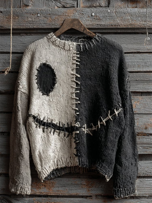 Halloween Spooky Face Contrast Stitched Cozy Knit Sweater