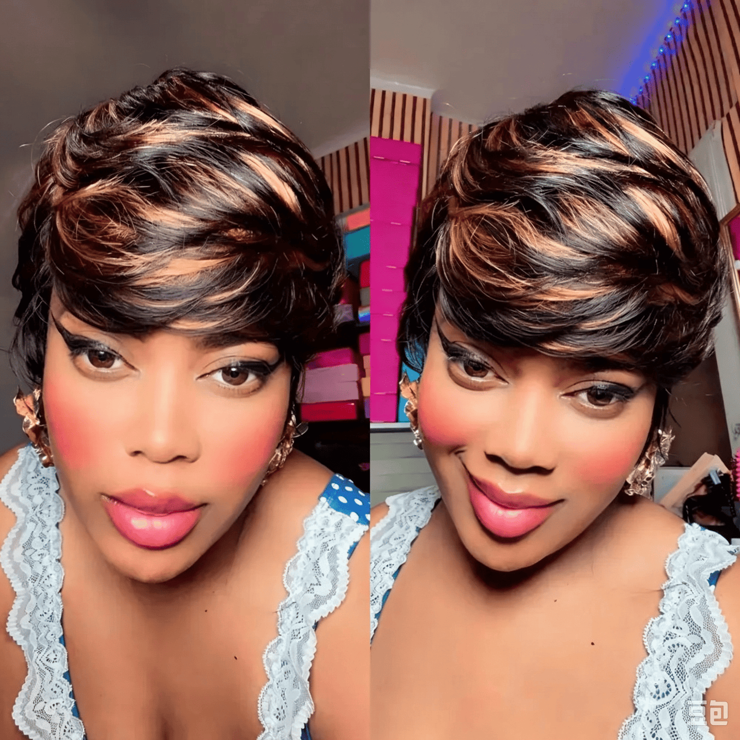 Short Pixie Cut Wig Virgin Human Hair Black & Highlight Colorful Wig with Bangs Full Machine Ready To Go Glueless Wig for Black Women