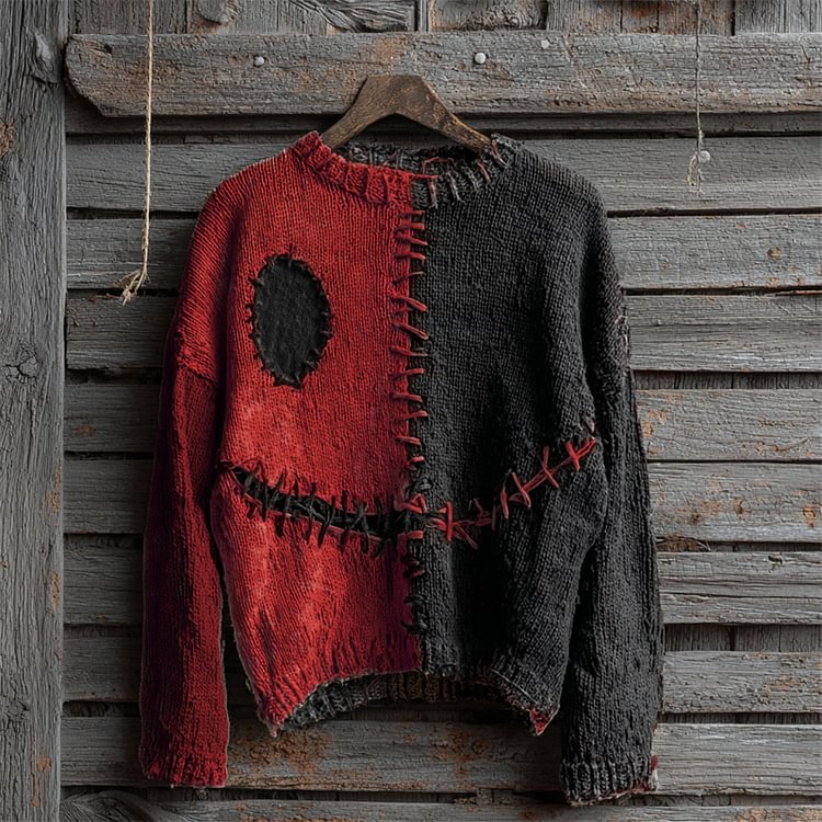 Halloween Spooky Face Contrast Stitched Cozy Knit Sweater