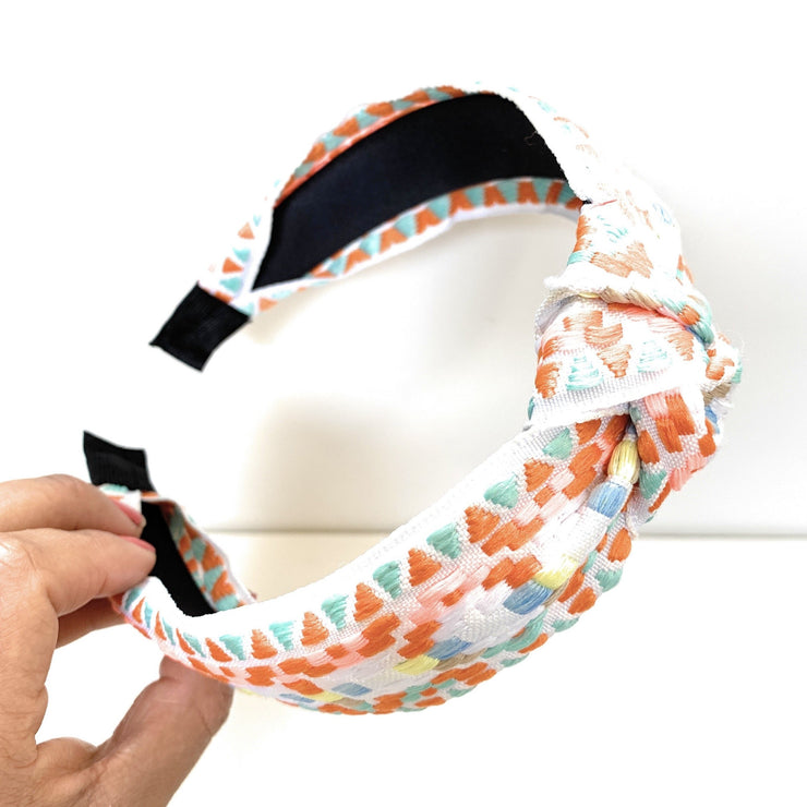 Embroidered Top Knot Headband (White)